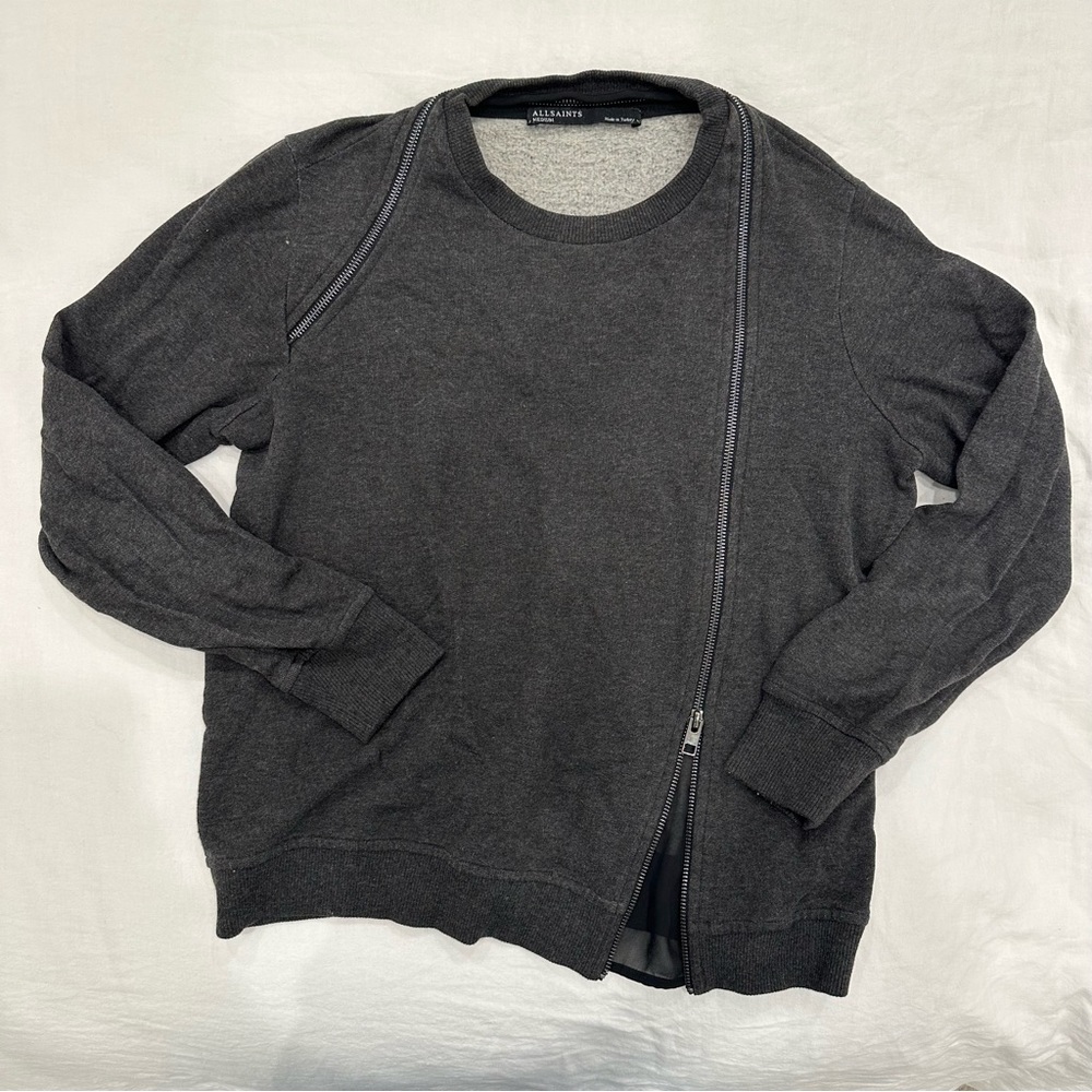 ALLSAINTS Women’s Asymmetrical Zipper Crewneck with Sheer Detail